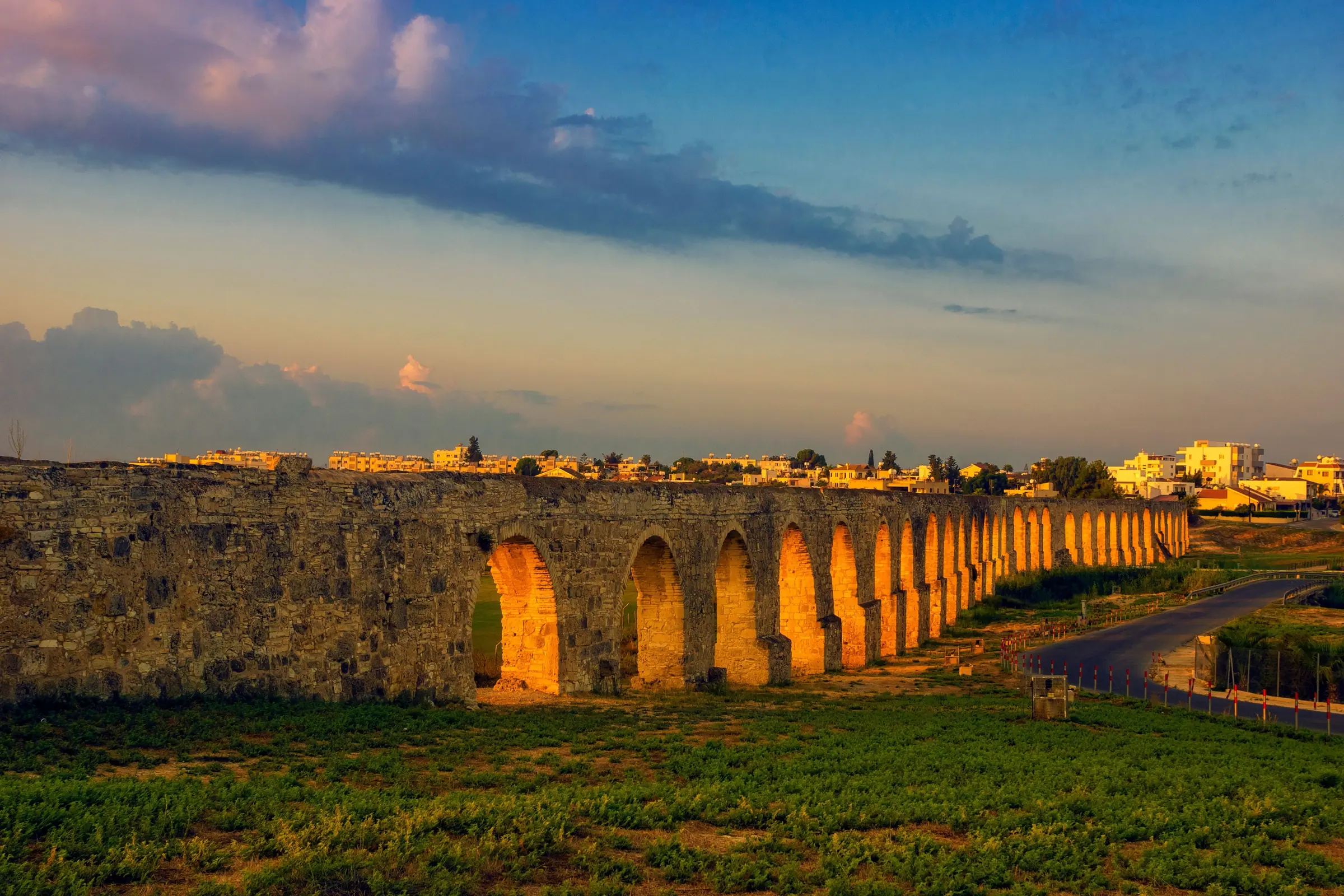 The Kamares Aqueduct outside Larnaca at dusk