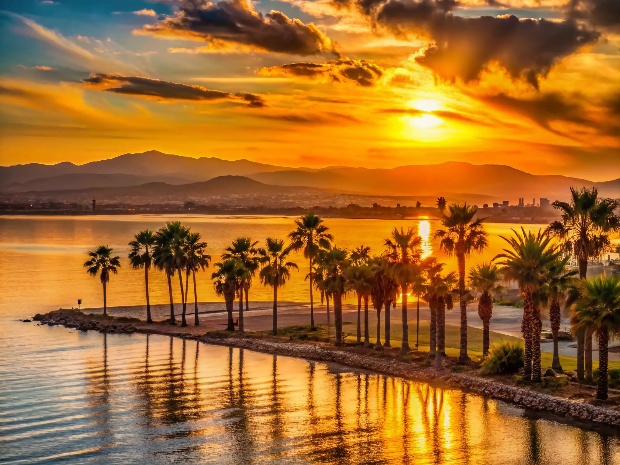 Palm trees along the Larnaca seafront at sunset