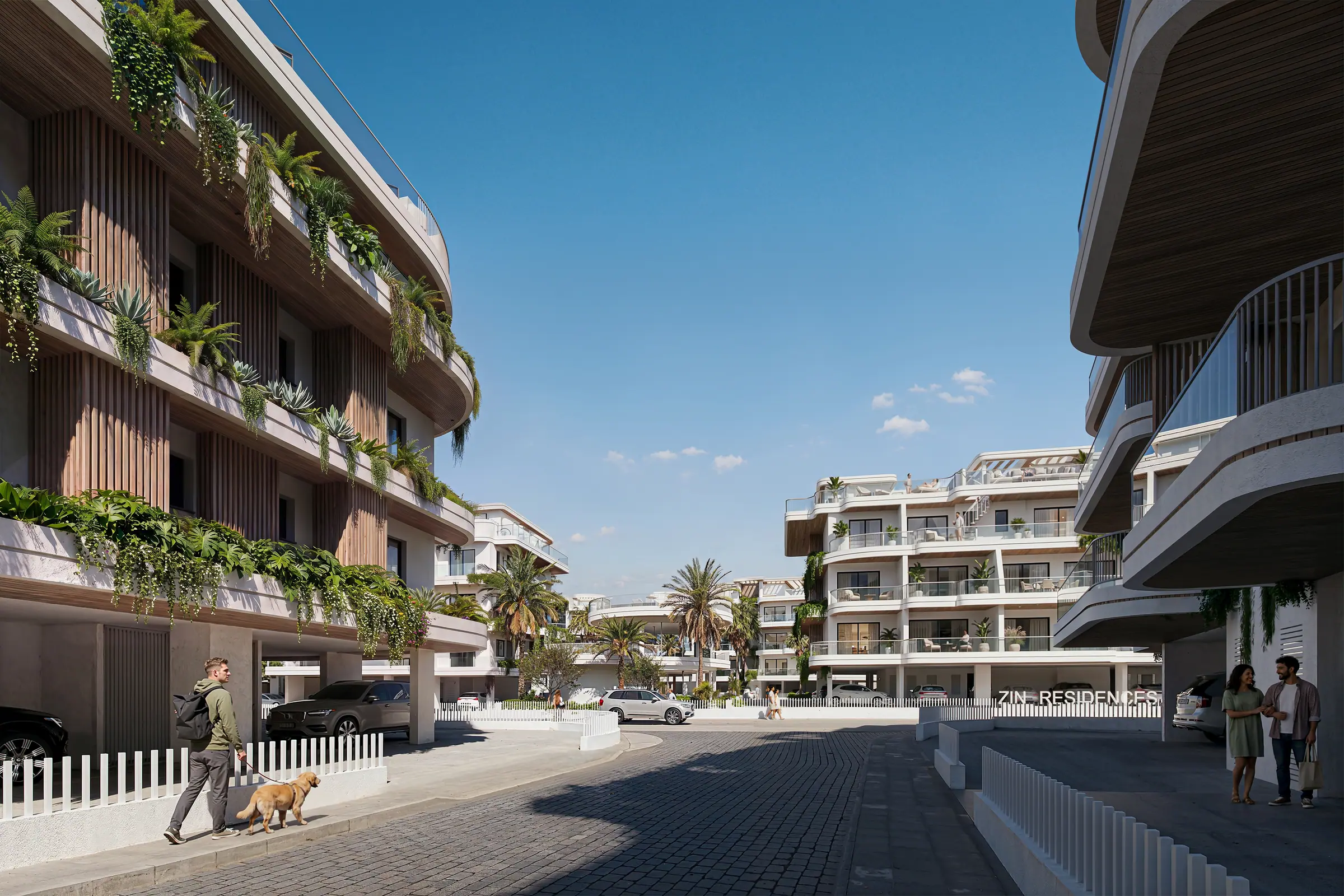 Planted balconies above a shaded pedestrian walkway