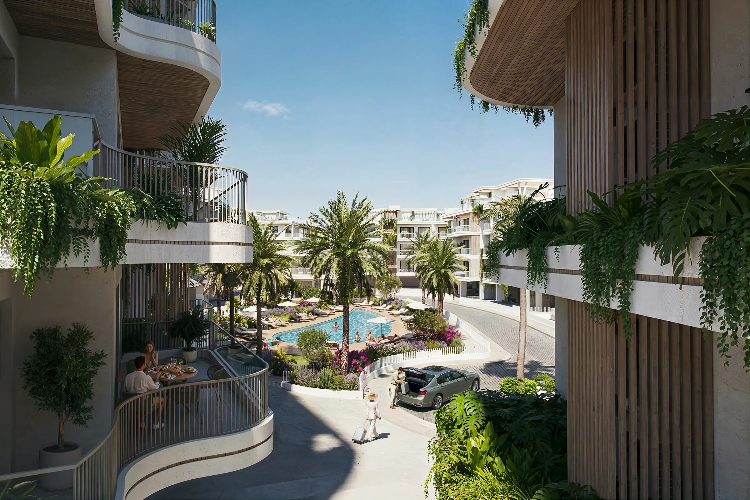 Planted terrace with views across the courtyard